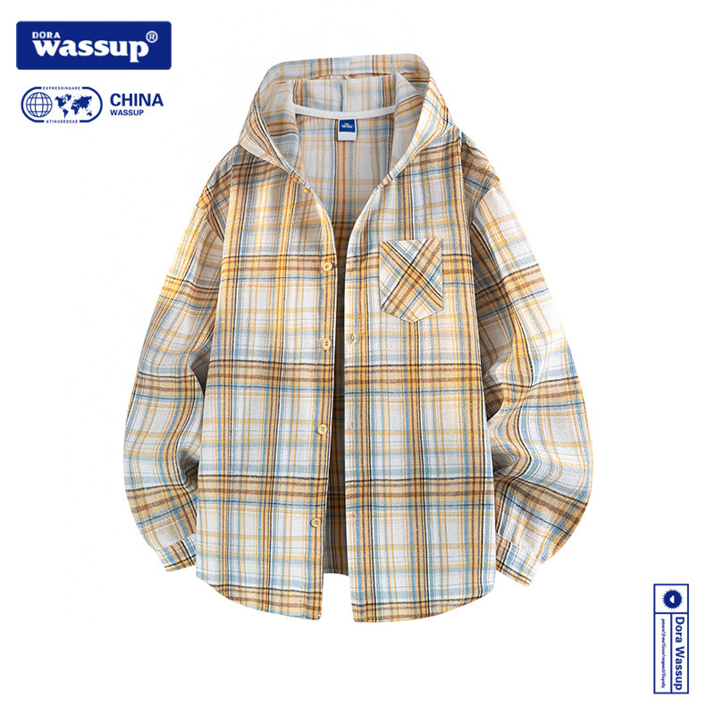 DORA WASSUP春季2026新款连帽格子衬衫男长袖宽松开衫休闲上衣潮,男装,衬衫,淘宝优惠券,粉丝福利购,淘宝优惠卷