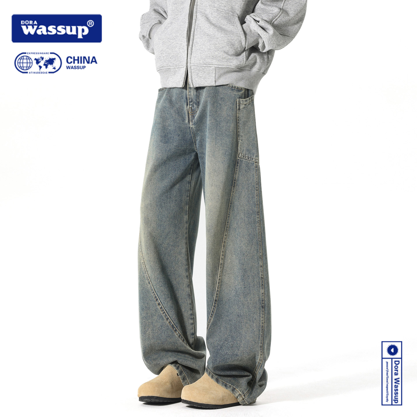 DORA WASSUP秋季款弯刀牛仔裤男女款复古阔腿裤潮牌宽松托地裤子