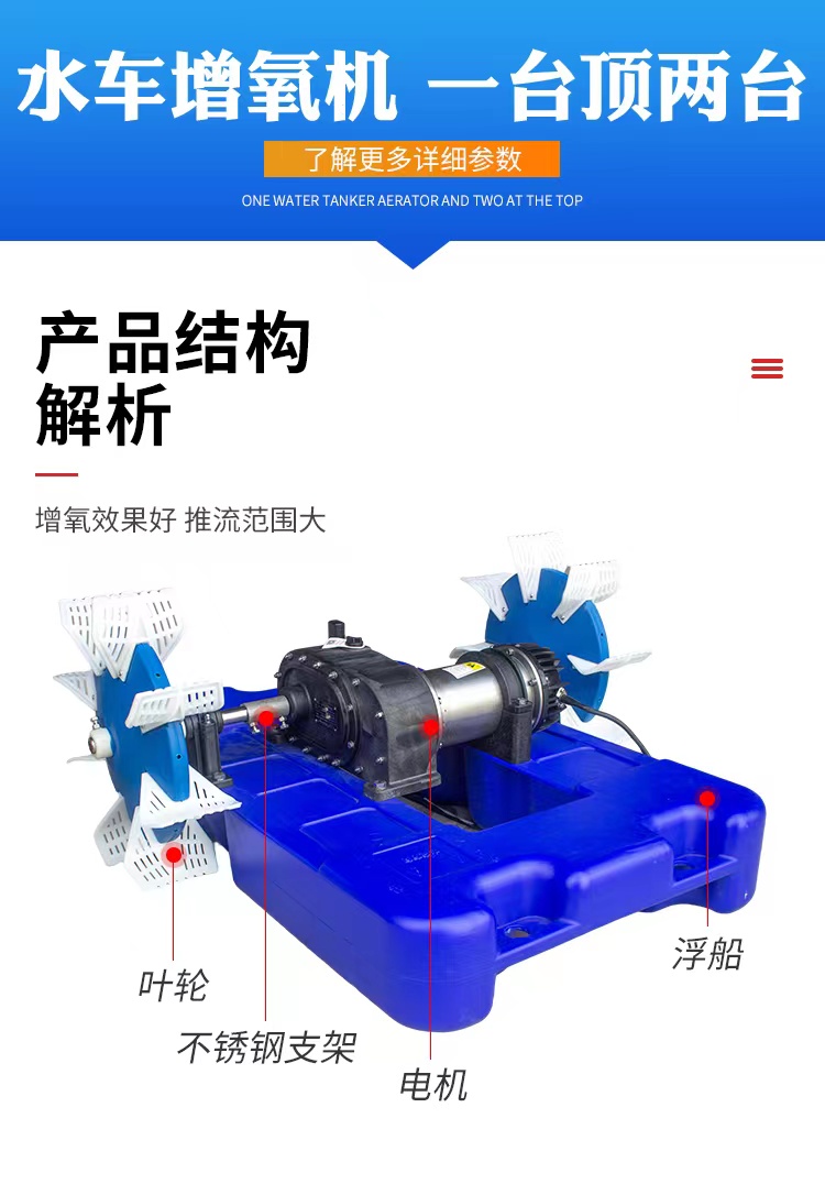 义民新款2叶轮GJK水车式增氧鱼机不锈钢水冷电机超水大花塘蟹海塘