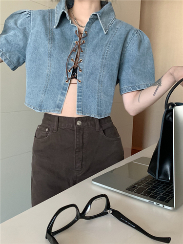 Real shooting, real price, versatile design, drawstring strap, bubble sleeve, irregular denim shirt