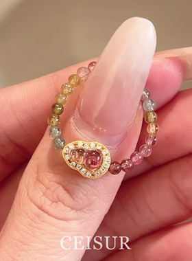 新中式碧玺粉色葫芦戒指女款S925银小众高级感多巴胺弹力绳食指戒