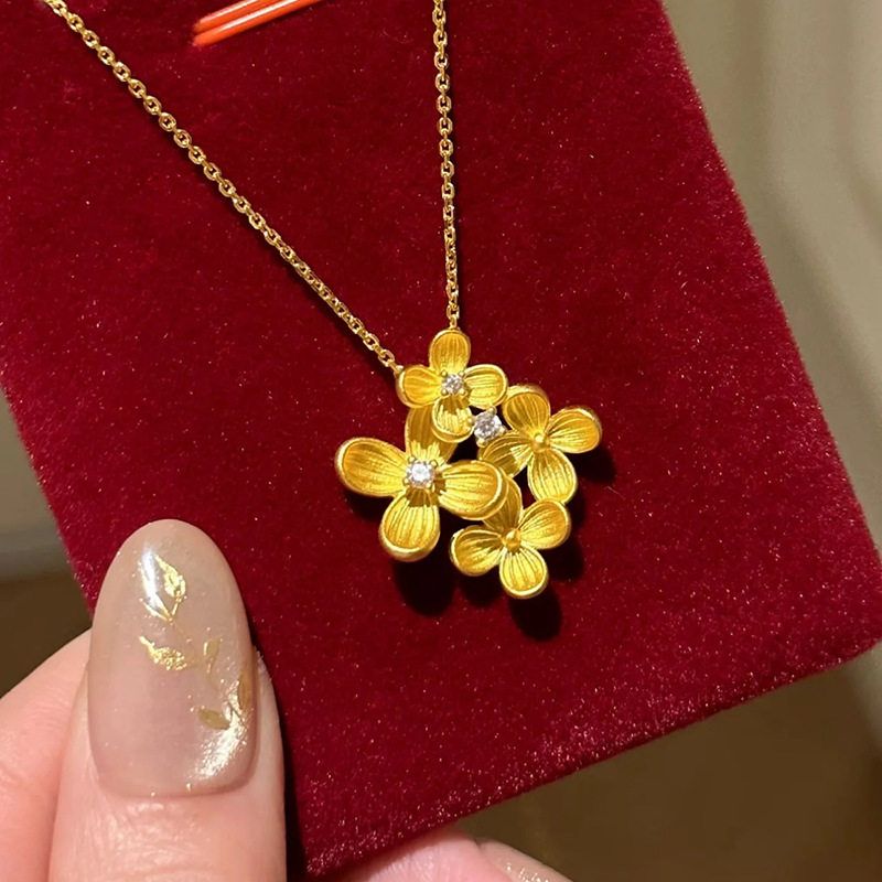 富桂香颂古法黄金色拉丝桂花项链耳钉套装毛衣链母亲节礼物送妈妈