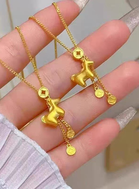 古法黄金色马上有钱项链小马吊坠高级感2026年生肖属马本命年礼物