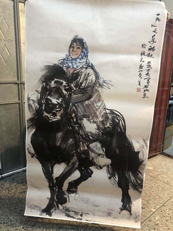近现代国画 黄胄 出诊图 真迹微喷人物画95x171cm纸本中堂画客厅