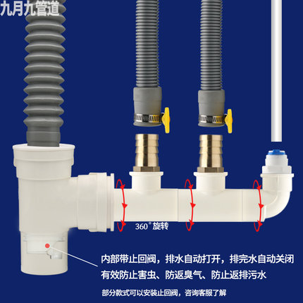 洗碗盆下水系统一分二变径小厨宝 前置净水器 滚筒洗衣机排水三通