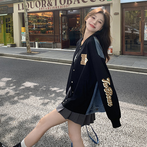 牛仔拼接黑色棒球服外套女2025春秋新款美式复古学院风小个子上衣,女装卫衣/绒衫,浙宝306