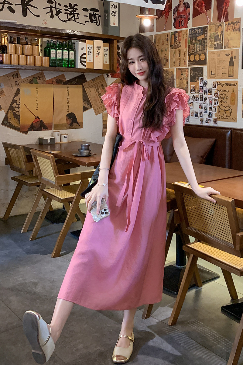 玫红色设计感花边小飞袖连衣裙女夏季韩系独特漂亮气质收腰衬衫裙图片