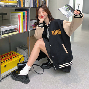 新款已备货-韩式复古黑色百搭减龄棒球服306-24013-P135-K188