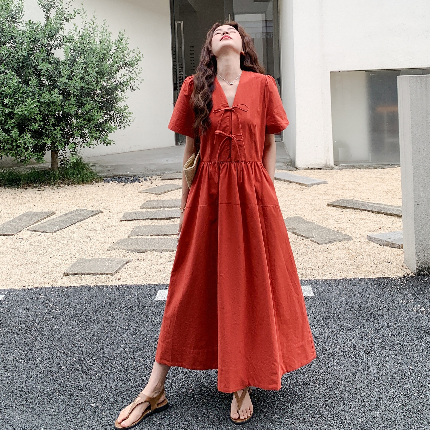 洋气炸街短袖系带连衣裙女2025夏季新款超好看气质收腰显瘦a字裙，女装连衣裙，浙宝306