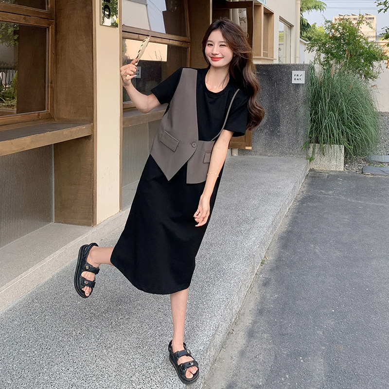 法式时尚马甲拼接假两件连衣裙女2025夏季新款韩版宽松显瘦长裙子，女装连衣裙，浙宝290（原306）