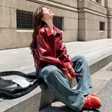 红色高级感复古PU皮衣外套女秋季2025新款油蜡感短款机车皮夹克，女装皮衣，浙宝306