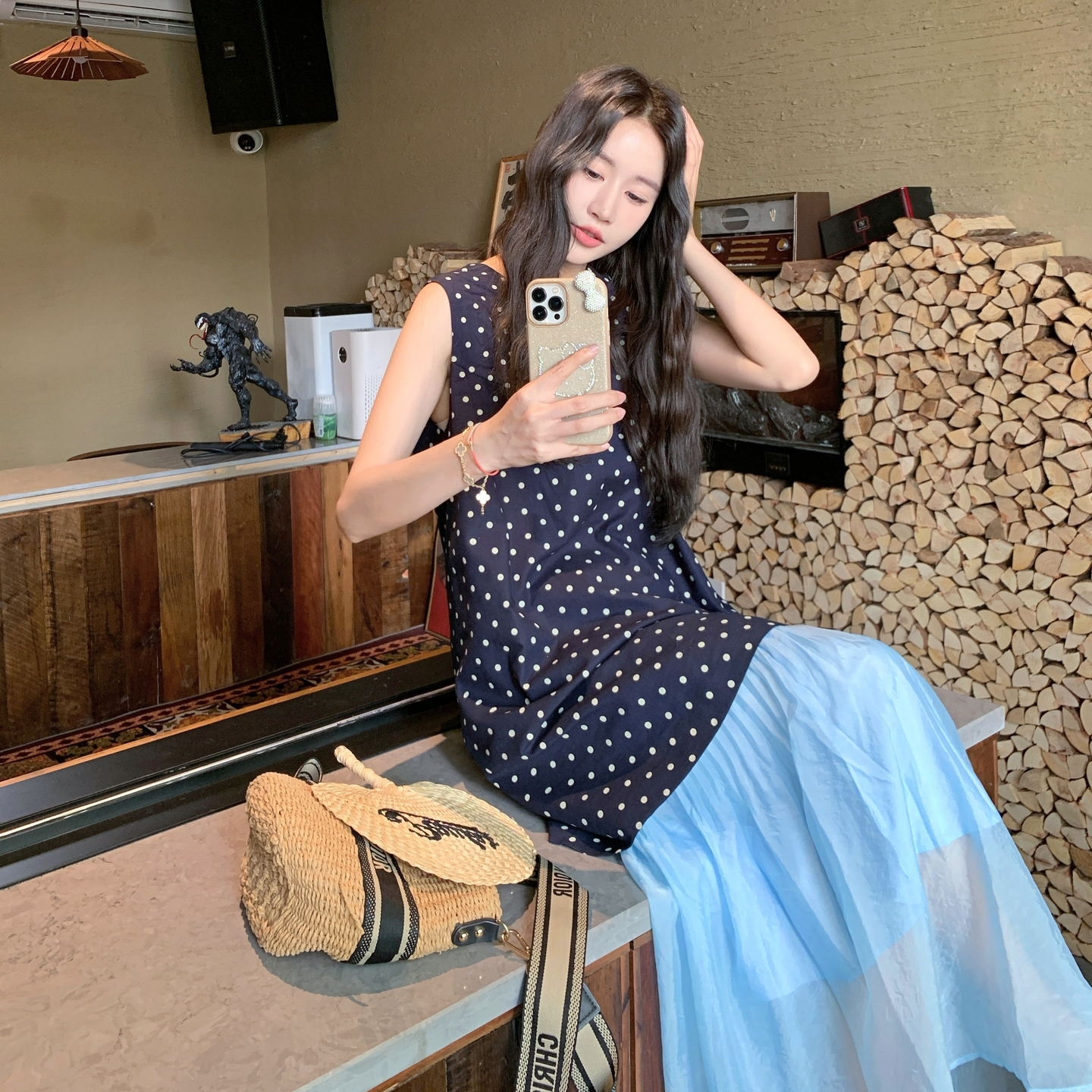 小心机无袖波点连衣裙女夏2025新款网纱鱼尾拼接长裙流行爆款时尚，女装套装/套裙，浙宝306