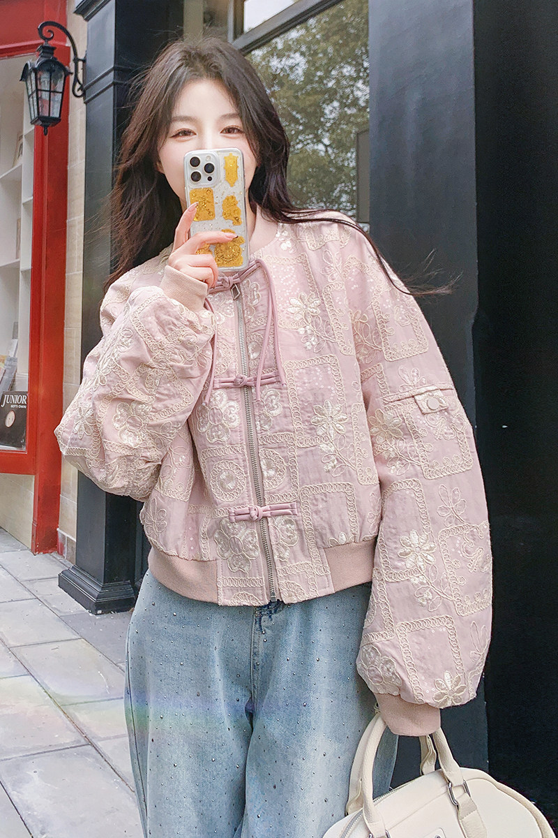 粉色新中式提花棒球服外套女2025春新款设计感小众休闲小个子上衣图片
