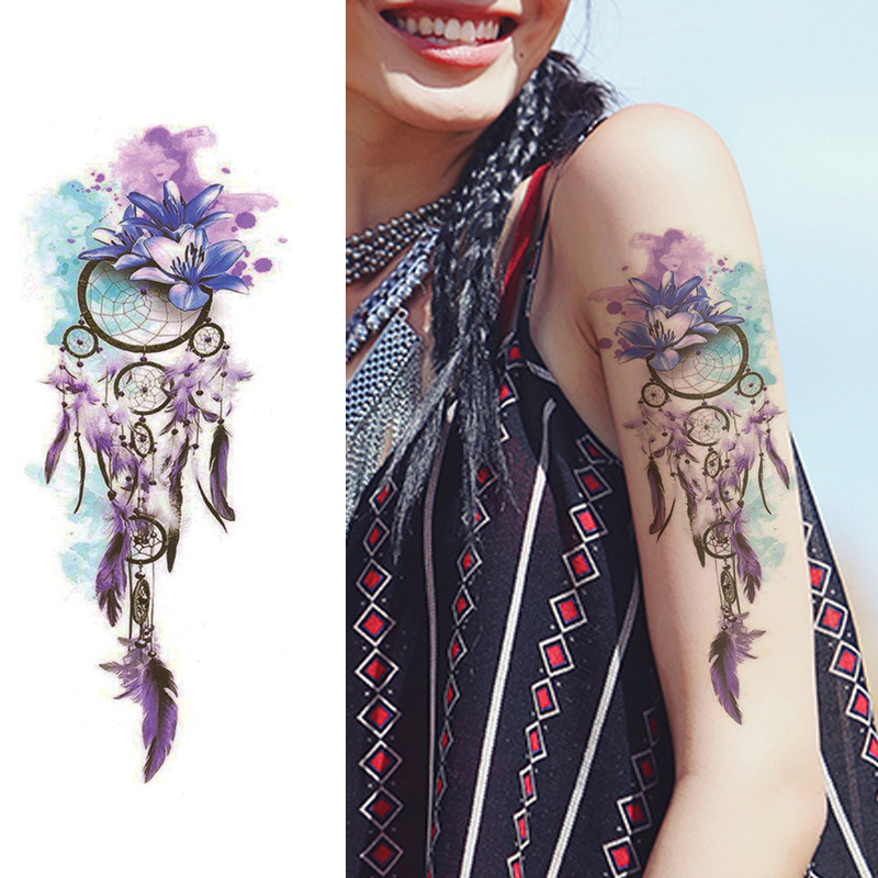 大图风铃图案羽毛纹身贴防水女持久个性时尚腿花臂手臂遮疤痕贴纸
