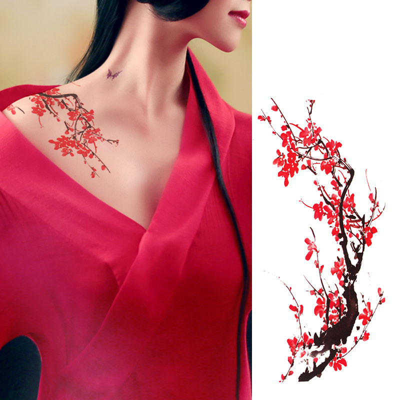 原创树条梅花纹身贴防水女持久个性诱惑身体彩绘花臂仿真刺青贴纸