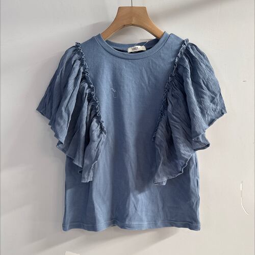地球+，螺纹棉拼接天丝飞飞袖衬衫，胸围96/110，衣长60/62