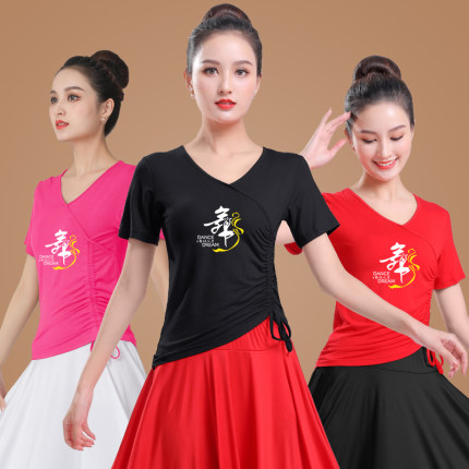 夏秋新款广场舞服装上装V领印字抽绳上衣百搭运动健身跳舞练功服
