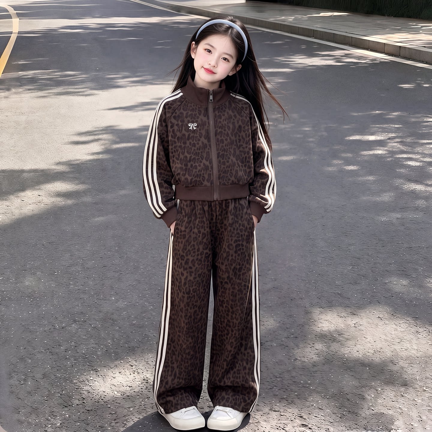 女童豹纹运动套装2026新款洋气
