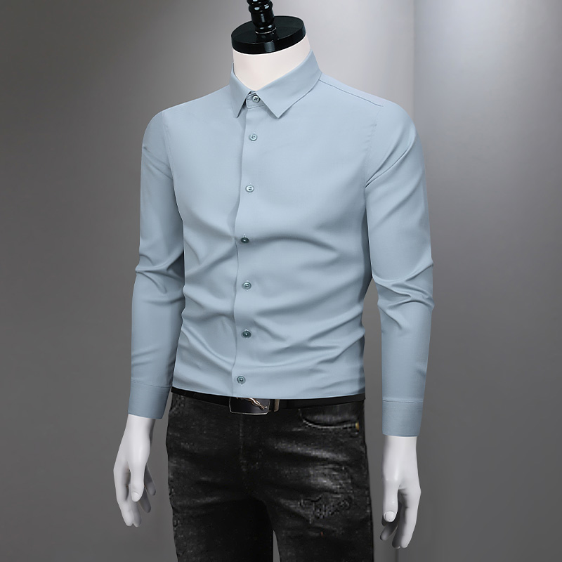 2025秋季新款男士长袖衬衫高级感商务休闲纯色桑蚕丝免烫衬衣痞帅