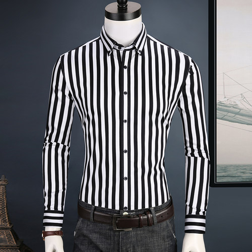黑白商务休闲春秋潮流条纹衬衫