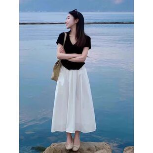 白色半身裙女中长款 小个子百搭显瘦伞裙高腰气质a字裙子 夏季 薄款