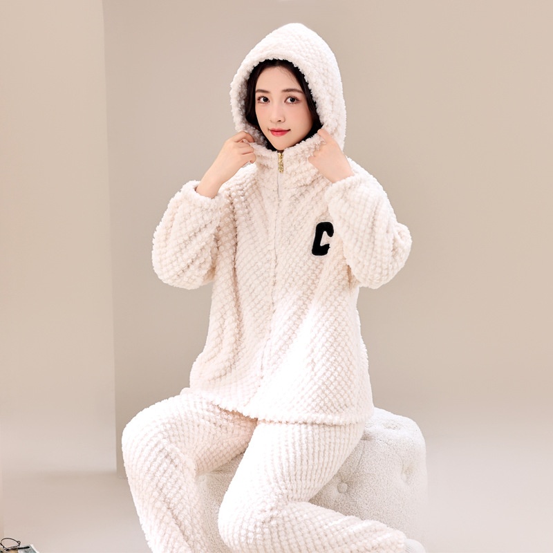 网红睡衣女秋冬款运动连帽C加绒加厚拉链学生可外穿家居服套装