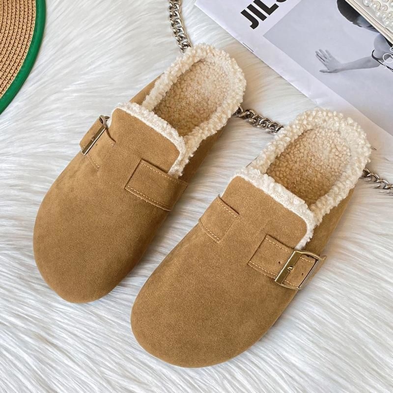加绒居家孕妇棉拖鞋软底勃肯鞋女毛毛包头半拖鞋外穿2024新款秋冬