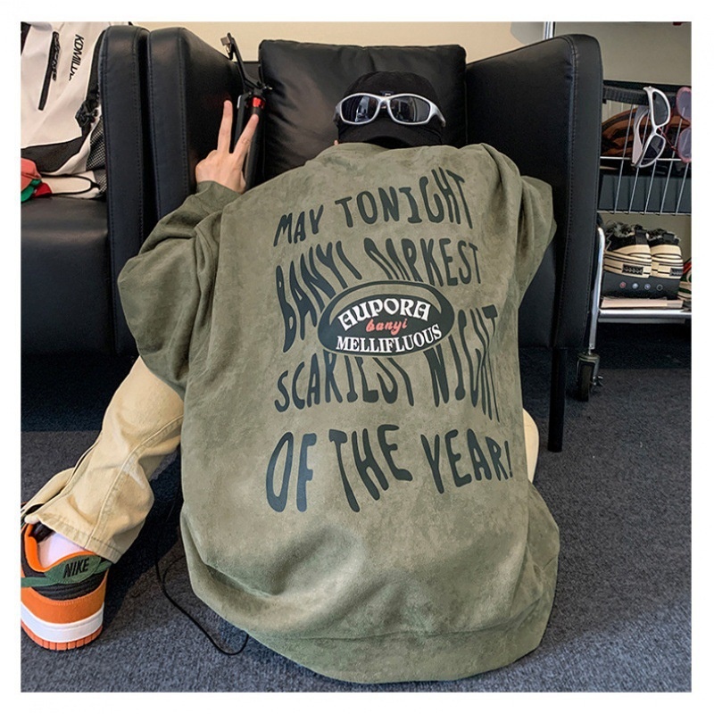 美式复古麂皮绒卫衣男春秋欧美街头潮牌外套高克重磅无帽圆领衣服