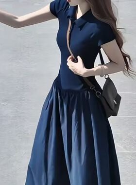 2026夏季新款大码女装polo领小众设计感撞色胖mm显瘦中长款连衣裙