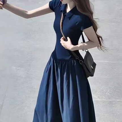 2026夏季新款大码女装polo领小众设计感撞色胖mm显瘦中长款连衣裙