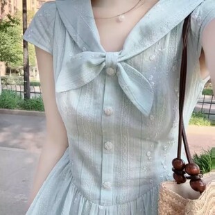 学院风海军领蓝色短袖连衣裙女2026夏季新款高级感收腰气质A字裙