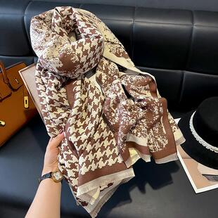 法国CINSKINS春光明媚~复古秋冬双面千鸟格加厚保暖羊绒围巾披肩