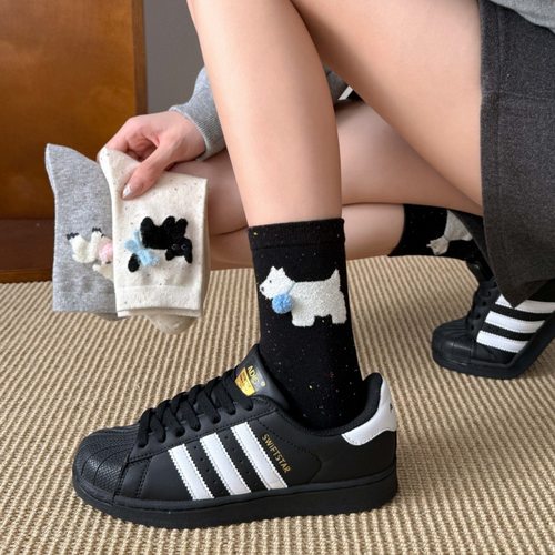 新品蝴蝶结堆堆袜子棉质点子纱植绒中筒袜日系ins潮女袜卡通女袜