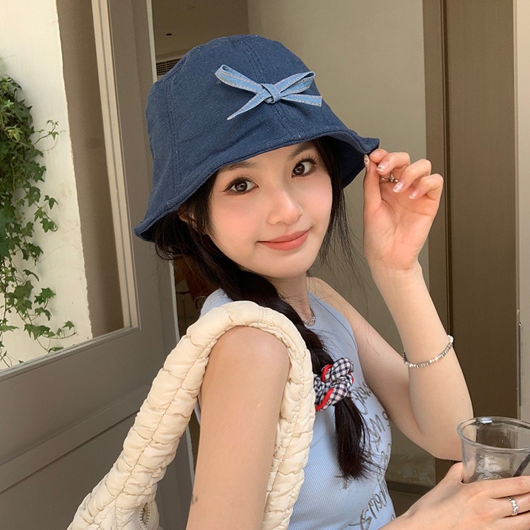 韩国2024新款蝴蝶结牛仔渔夫帽女夏日系文艺百搭防晒遮阳帽盆