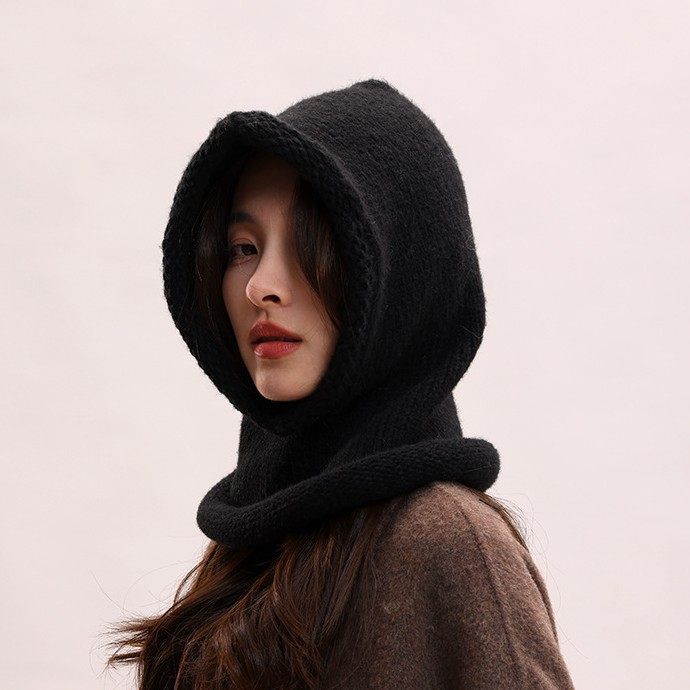卷边巴拉克拉法毛线帽女秋冬保暖加厚帽子围脖一体套头骑车防风帽