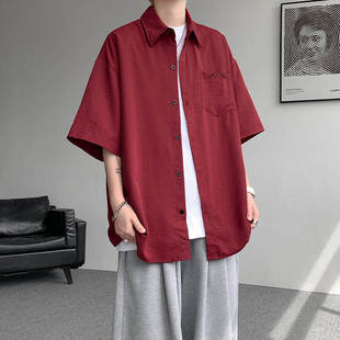 男短袖 薄款 高级感美式 衬衣夏季 外套 复古纯色五分袖 酒红色冰丝衬衫