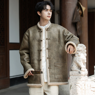 冬装 外套加绒厚改良汉服上衣 中国风棉衣男潮牌设计感皮毛一体唐装