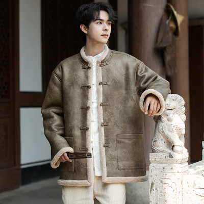 中国风皮毛一体加绒加厚唐装外套
