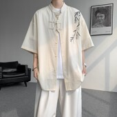 竹叶刺绣半袖 夏季 衬衣 盘扣衬衫 男大码 新中式 国风立领天丝亚麻短袖