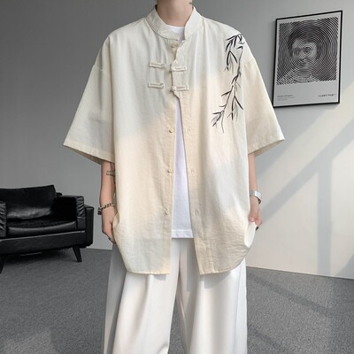 夏季新中式国风立领天丝亚麻短袖盘扣衬衫男大码竹叶刺绣半袖衬衣