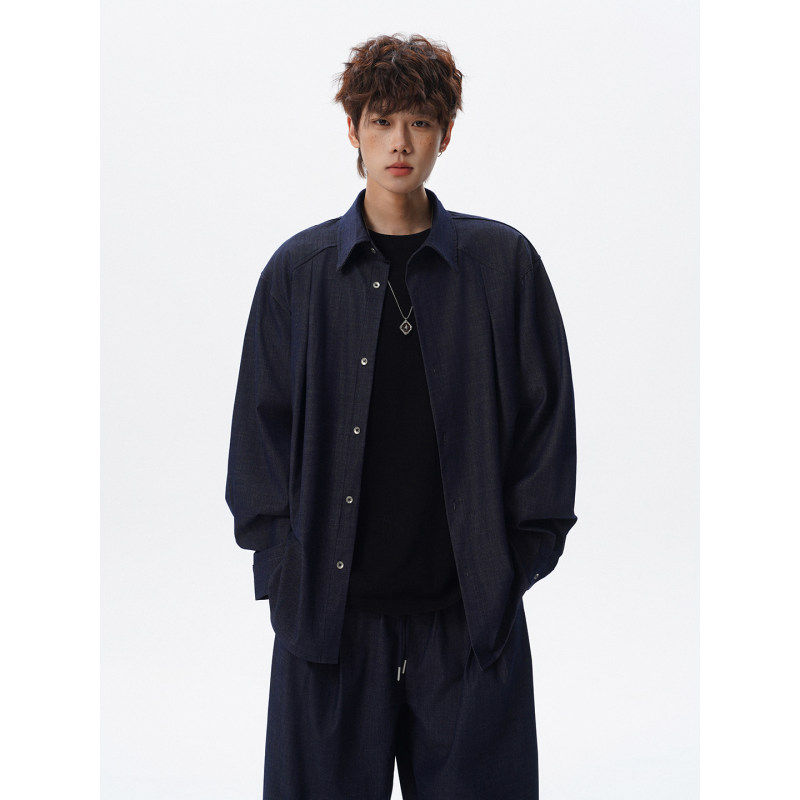 老钱风牛仔蓝长袖衬衫休闲套装男士夏日度假松弛感穿搭阔腿休闲裤