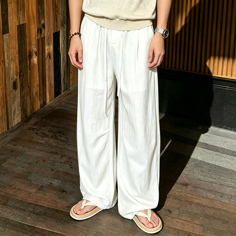 老钱风白色天丝亚麻裤子男夏季高级感薄款棉麻休闲裤直筒垂感长裤图片