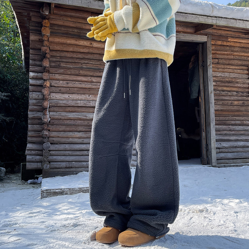 藏青色摇粒绒重磅休闲卫裤秋冬男女保暖羊羔绒裤子美式高街阔腿裤