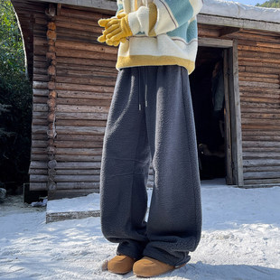 藏青色摇粒绒重磅休闲卫裤秋冬男女保暖羊羔绒裤子美式高街阔腿裤