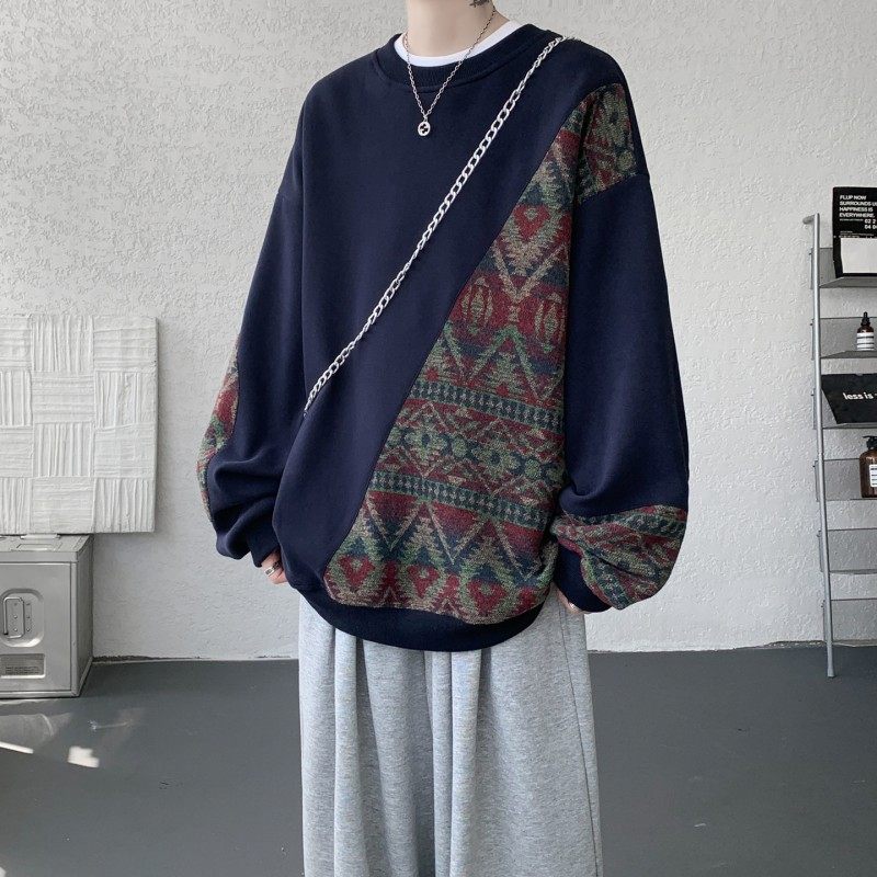 复古民族风拼接无帽卫衣男春装加肥加大码潮胖人宽松圆领上衣外套,男装,卫衣,淘宝优惠券,粉丝福利购,淘宝优惠卷