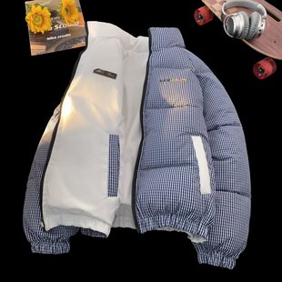 冬季新款双面穿休闲面包服刺绣设计撞色格子外套加厚保暖立领棉衣