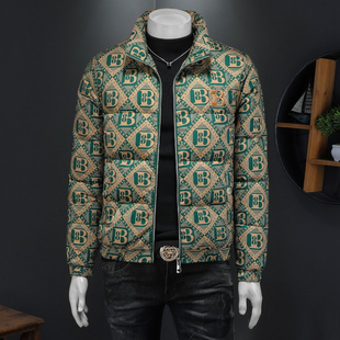 满印轻薄立领羽绒服男冬季2025新款潮牌痞帅短款痞帅羽绒外套男潮