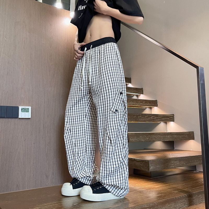 夏季薄款透气凉感格子裤男女同款垂感宽松褶皱休闲裤冰丝裤长裤子