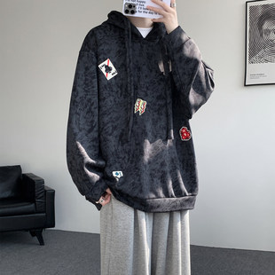 美式复古重磅字母刺绣连帽加厚卫衣男款宽松高街痞帅加绒套头帽衫