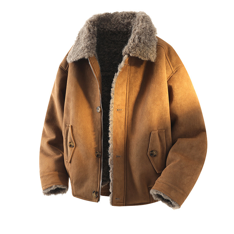 皮毛一体男士冬季大码加绒加厚夹克短款机车服男装羊羔毛棉衣外套